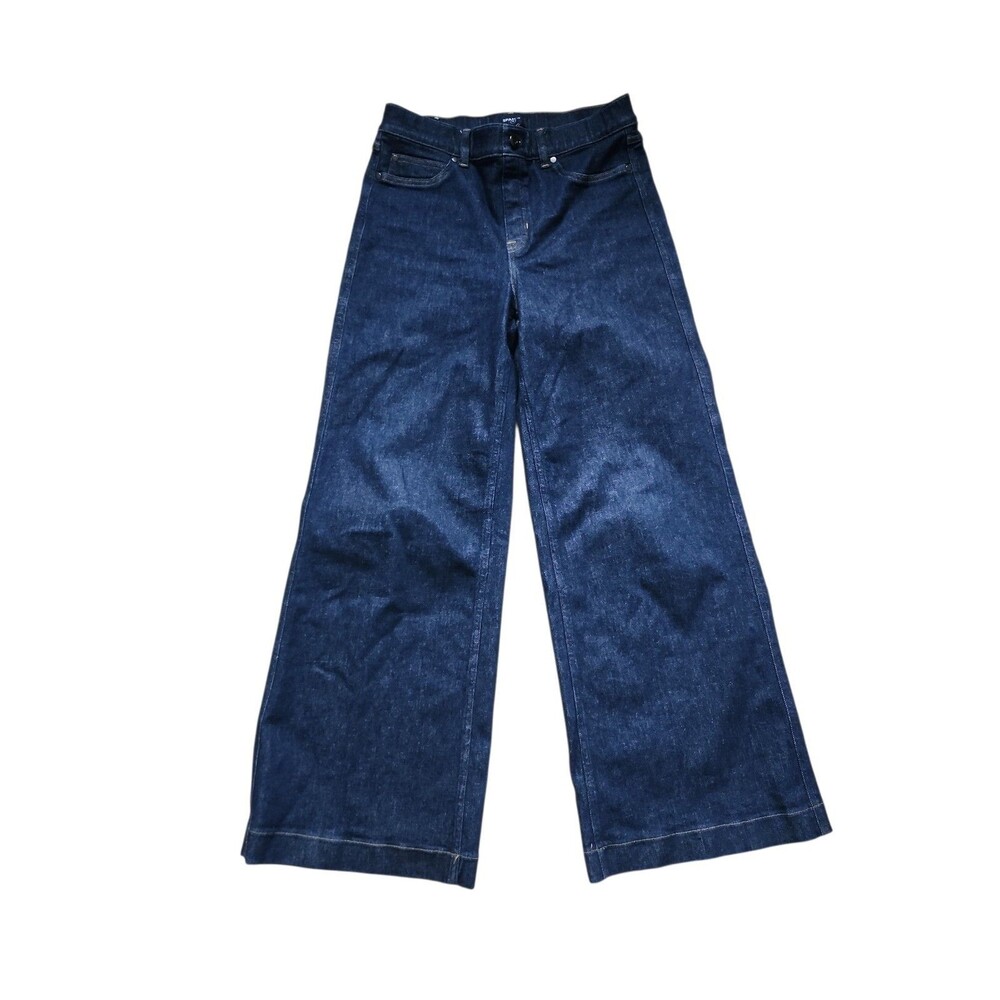 Spanx Pull On Wide Leg Jeans Womens L Dark Wash Raw Indigo Shapewear High Rise